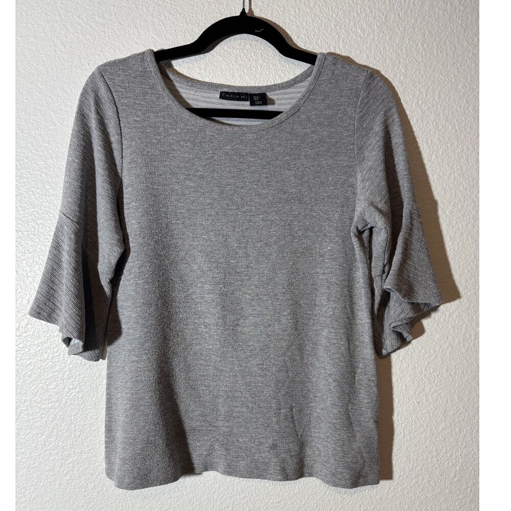 Tahari Women Size M Gray Flare Bell Elbow Sleeve Soft Rayon Blend Scoop Neck Top